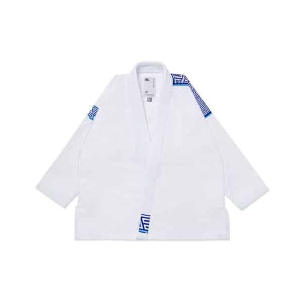 Front view of the Albino and Preto BBBW Herringbone Gi White jacket with baby blue, black, and white accents.