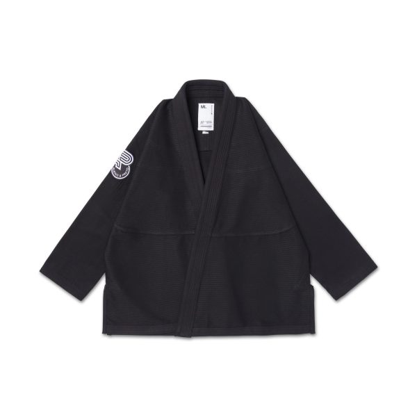 Front view of Albino and Preto BW Essential Gi Black jacket, right sleeve shows black-and-white AP embroidery.