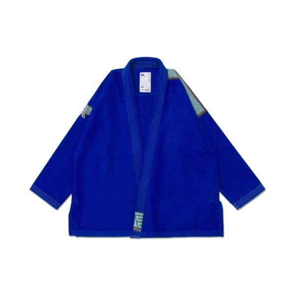 Front view of Albino and Preto GTDG HB Classic Gi Blue jacket with gray, teal and dark gray AP accents.