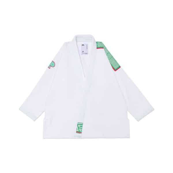 Albino and Preto AP 26 CDM Gi white jacket front with green shoulder detail