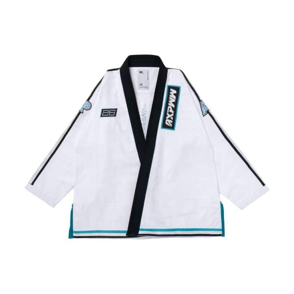 AP Apex Gi RSV white canvas jacket front with black lapel and light blue race trim