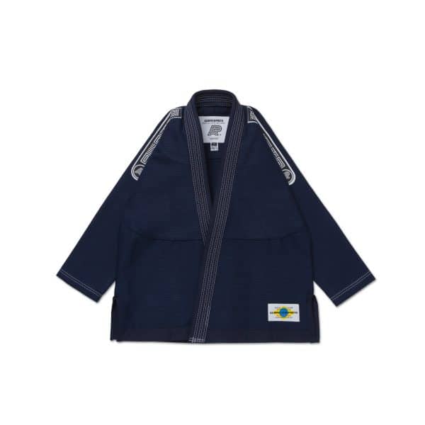 Front view of Albino and Preto AP MIL SP Brazil Gi Navy jacket with white stitching and patches
