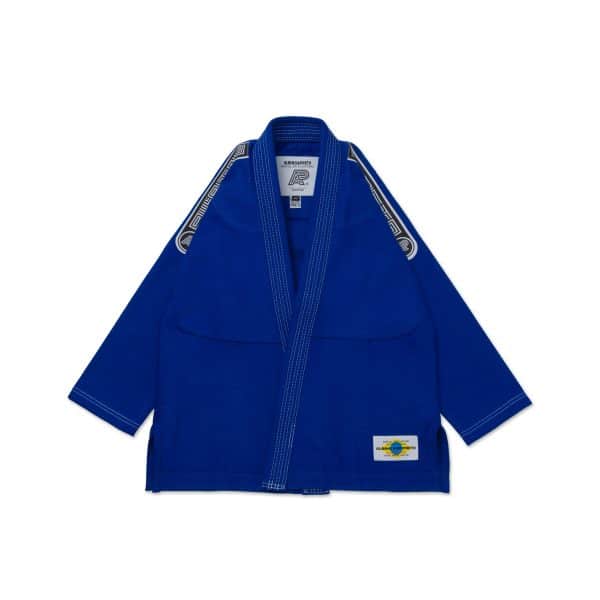 Front view of Albino and Preto AP MIL SP Brazil Gi Royal jacket with white stitching and patches