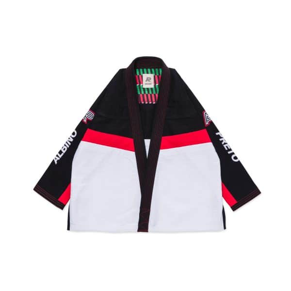 Albino and Preto Accelerate Gi jacket front with black white red panels