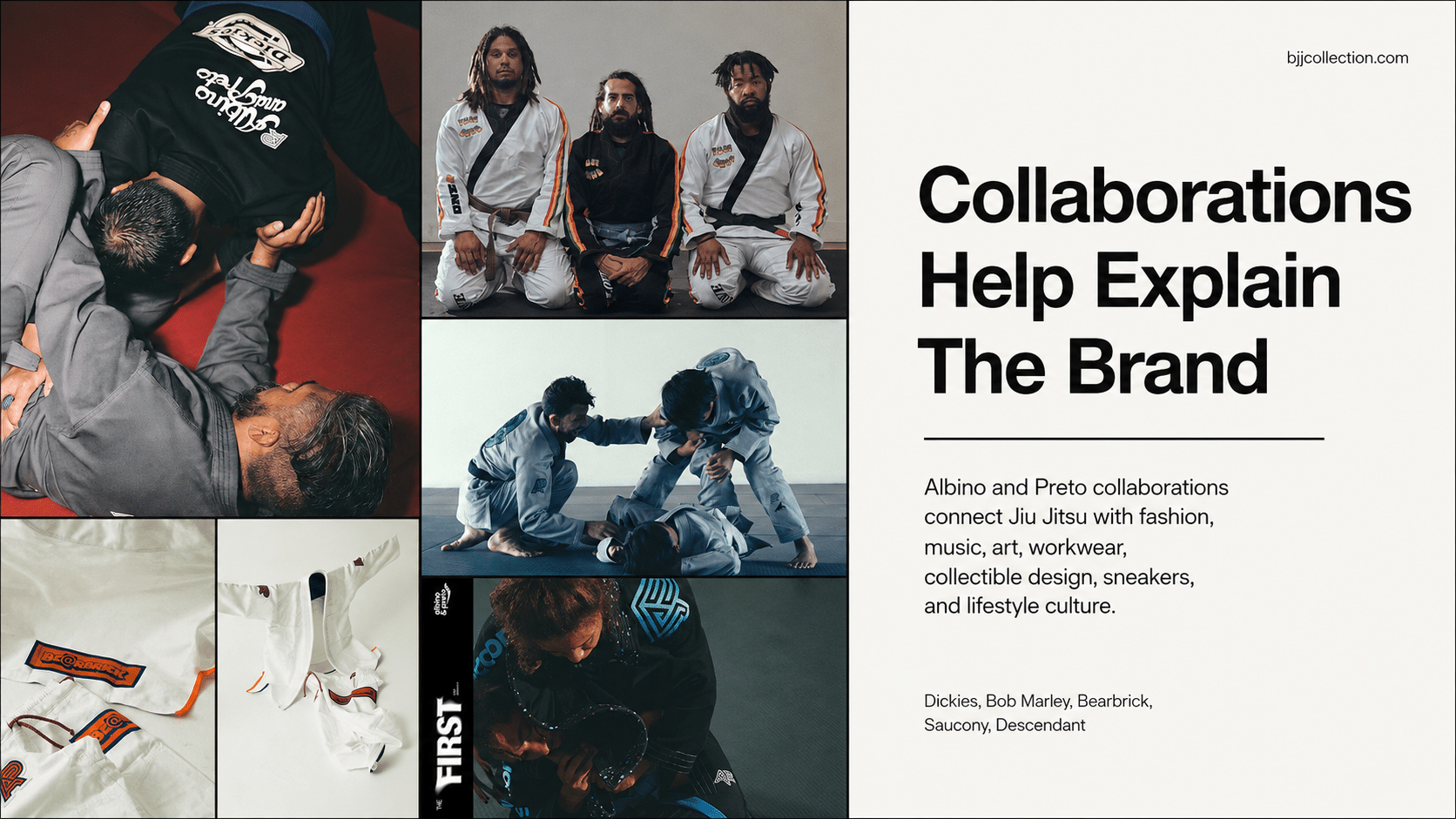 Albino and Preto collaboration collage showing BJJ training product design and lifestyle culture