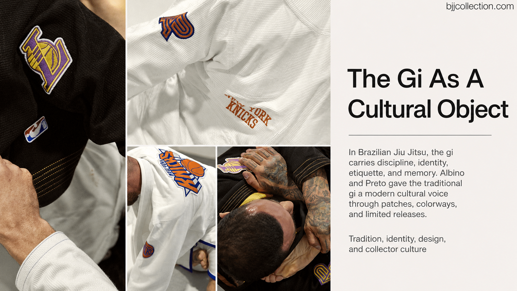 Albino and Preto gi collage showing black and white Brazilian Jiu Jitsu gis as cultural objects
