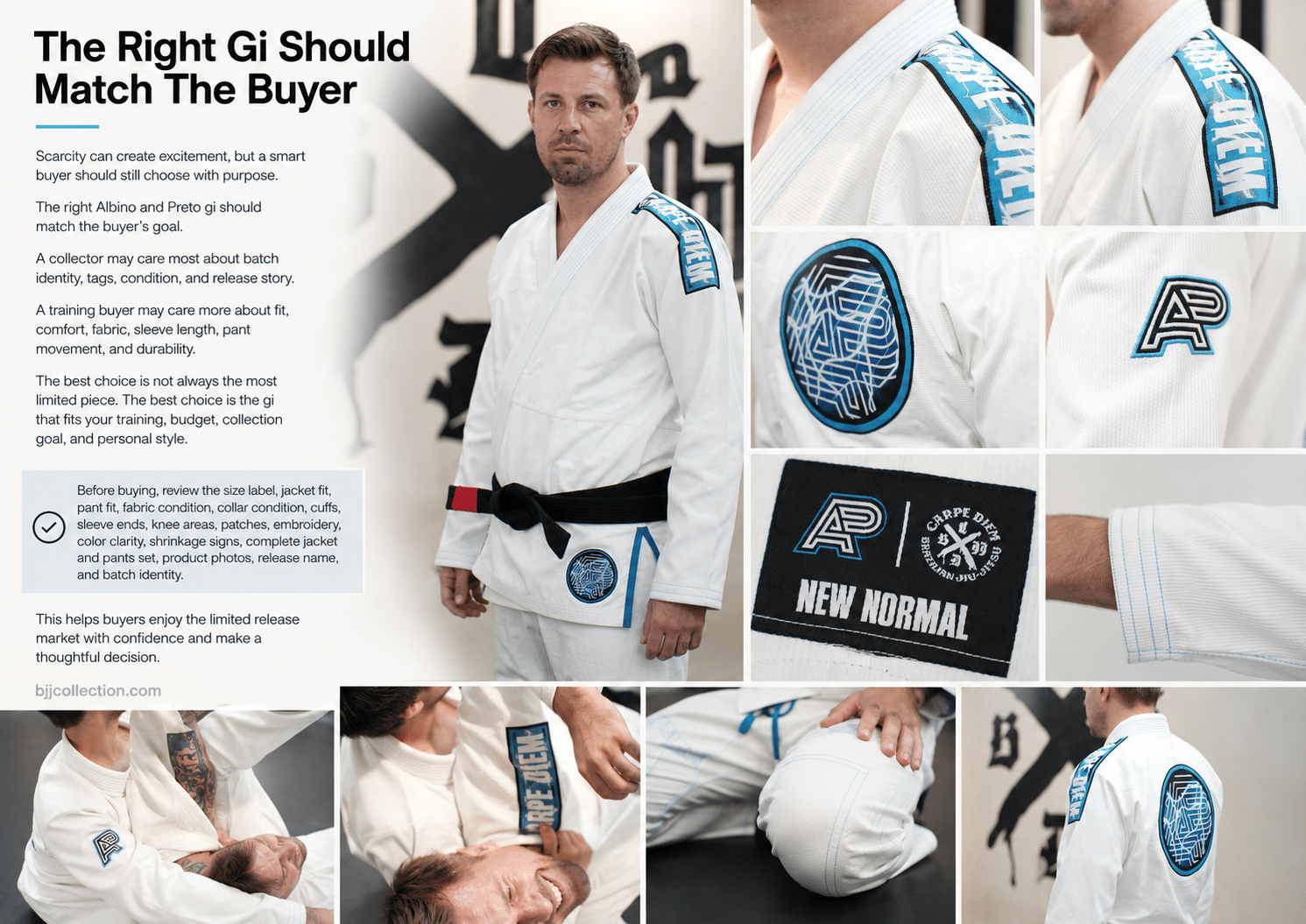 White Albino and Preto gi collage showing fit patches collar and label details for smart gi buying
