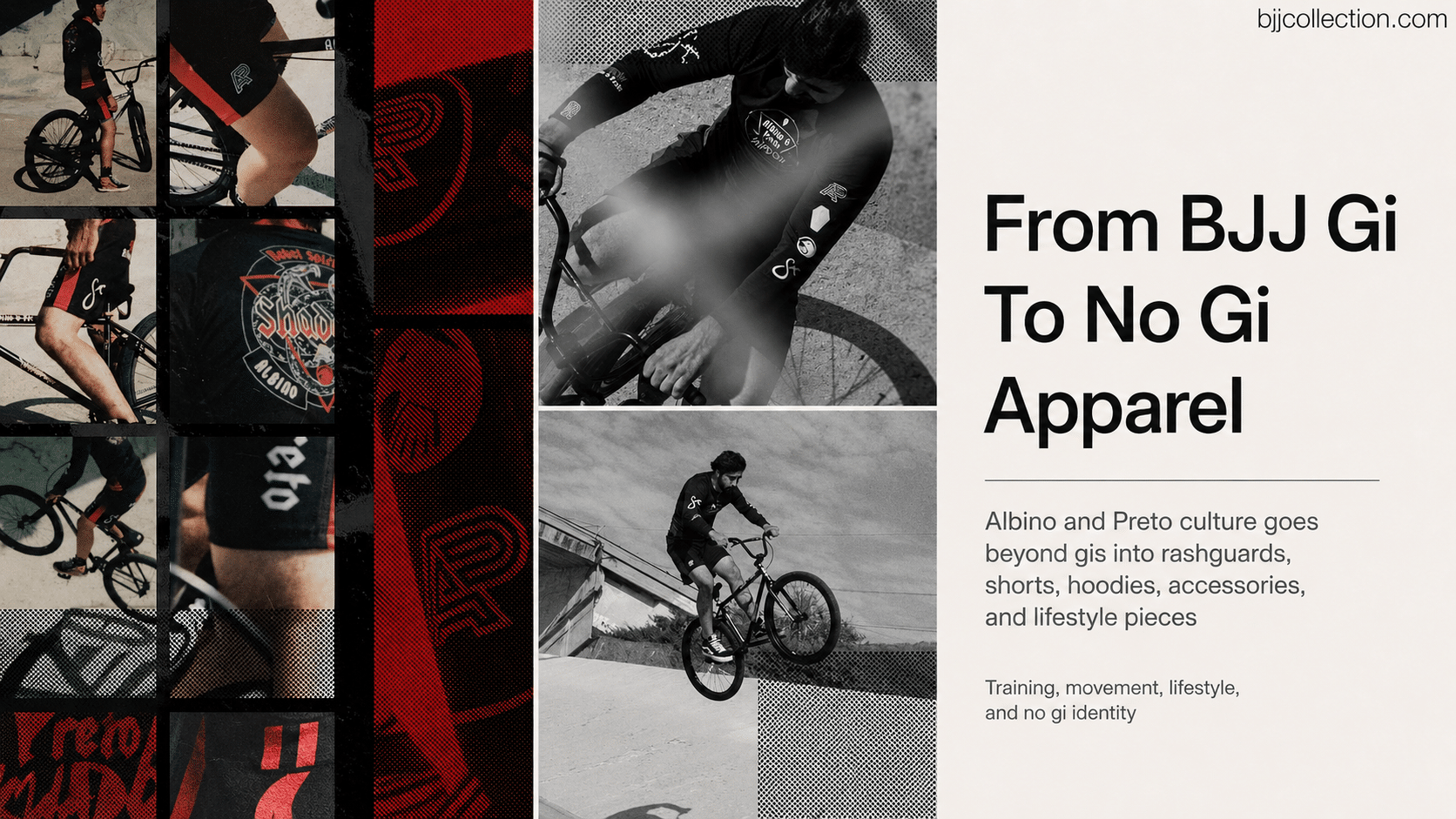Albino and Preto no gi apparel collage showing rashguards shorts and lifestyle training culture