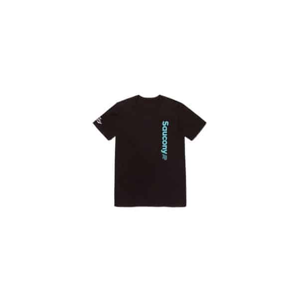 Black Albino Preto and Saucony short sleeve tee with blue vertical Saucony back logo and sleeve branding