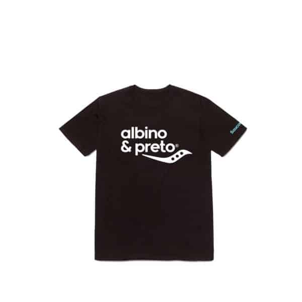 Black Albino Preto and Saucony short sleeve tee with white front logo and blue sleeve branding