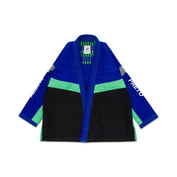 Albino and Preto Accelerate blue gi front view with black panels and green racing accents