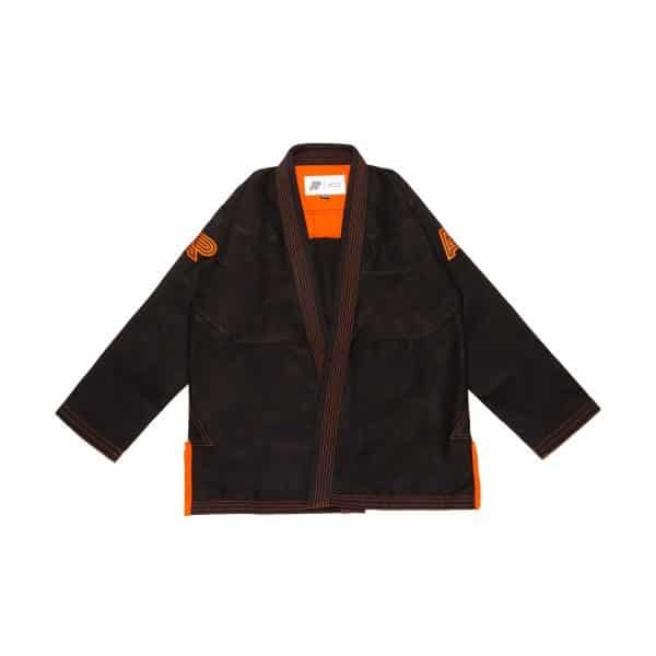 Albino and Preto B59 RS350 kimono black front jacket with orange sleeve logos and contrast stitching