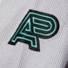 Close view of teal and black Albino and Preto embroidery on gray kids gi fabric