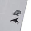 Close view of Albino and Preto and DCDT embroidery on gray kids gi pants