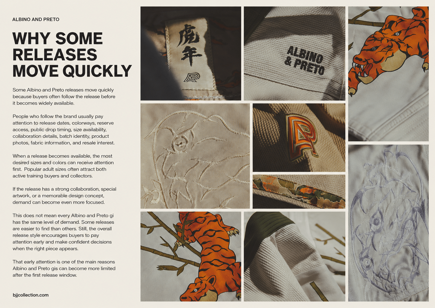 Albino and Preto gi detail collage showing tiger artwork collar label embroidery and sleeve patch for BJJ Collection