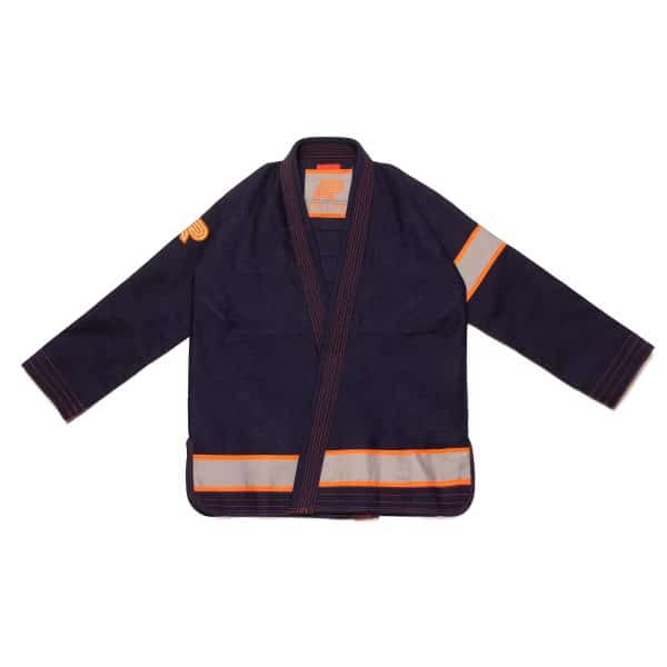 Front view of albino and preto batch 49 journey navy kimono jacket with orange stitching and reflective grey panels