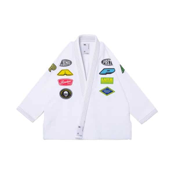 Albino and Preto Reserve 2026 white kimono jacket front with multi color chest patches