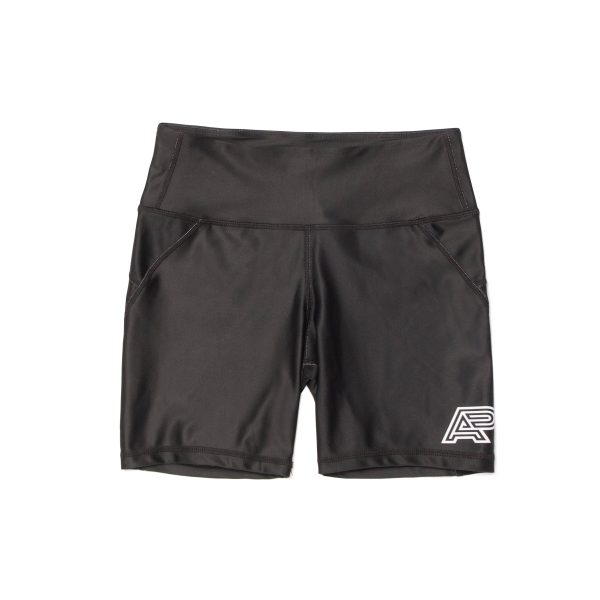 Black Albino and Preto womens compression shorts front view with white AP logo on leg