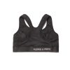 Black Albino and Preto womens sports bra back view with racerback straps and back ribbing logo