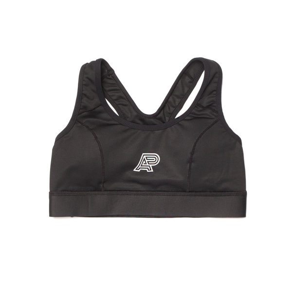 Black Albino and Preto womens sports bra front view with white AP logo on chest