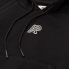 Close up of Albino and Preto black crop top hoody showing embroidered AP mark draw cords and terry cotton fabric