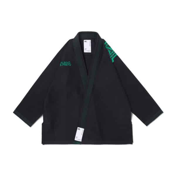Albino and Preto black Pearl Weave BJJ jacket front with green stitching