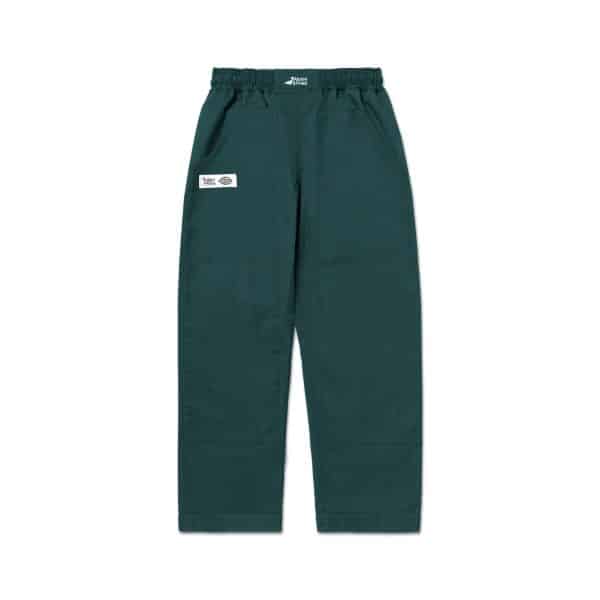 Albino and Preto x Dickies wearable gi pants in Lincoln green front view with elastic waist set in pockets and co branded woven label