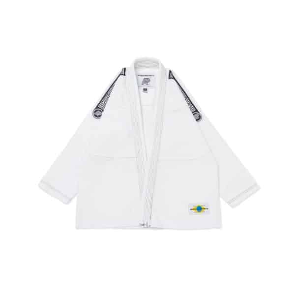 Albino and Preto MIL SP Brazil Gi White jacket front with black sleeve accents and hem label