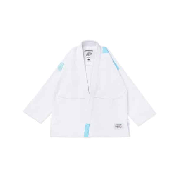 Albino and Preto Series 16 Brazil white gi jacket front with baby blue accents