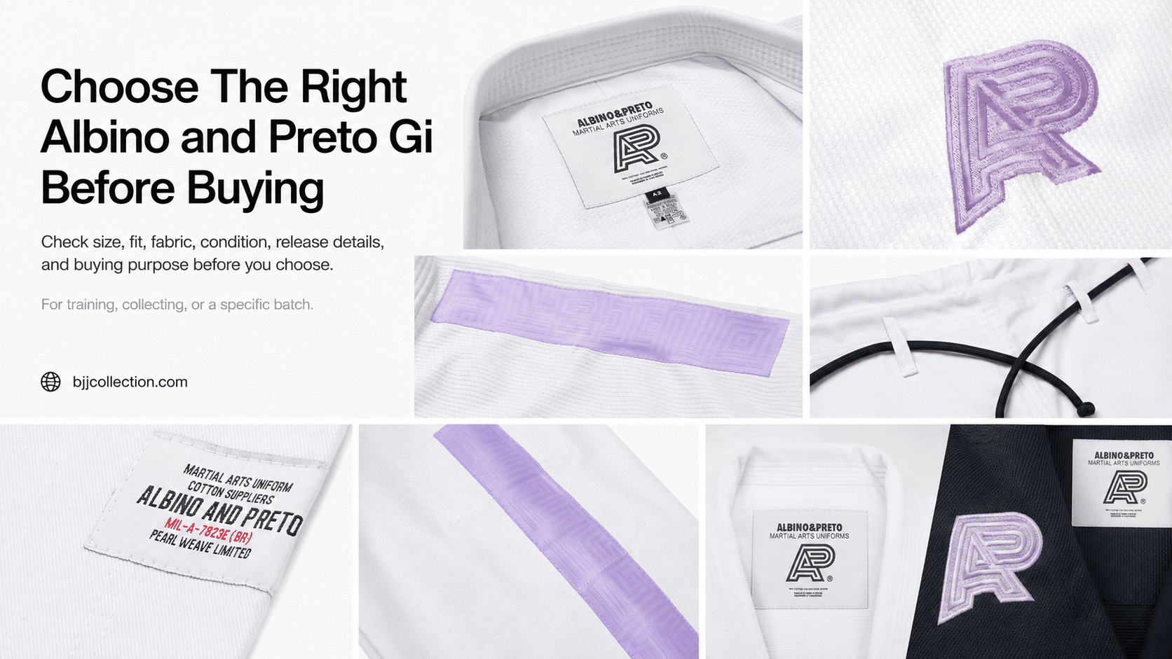 Hero collage showing an Albino and Preto gi with front view back view collar label sleeve patch pants and size tag