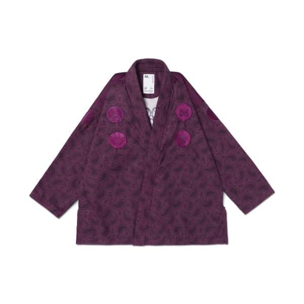 Albino and Preto x Needles Paisley Gi front view with plum canvas, patches, and wide sleeves