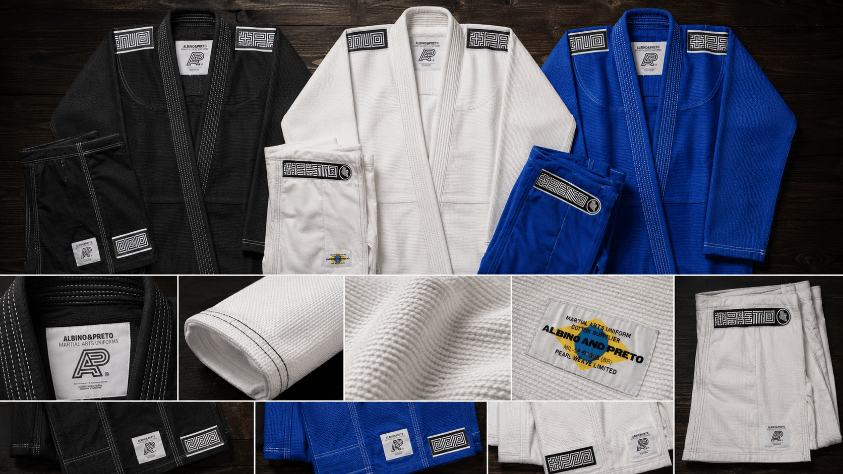 Albino and Preto Brazil Series gi collage showing black white blue jackets pants labels and pearl weave details