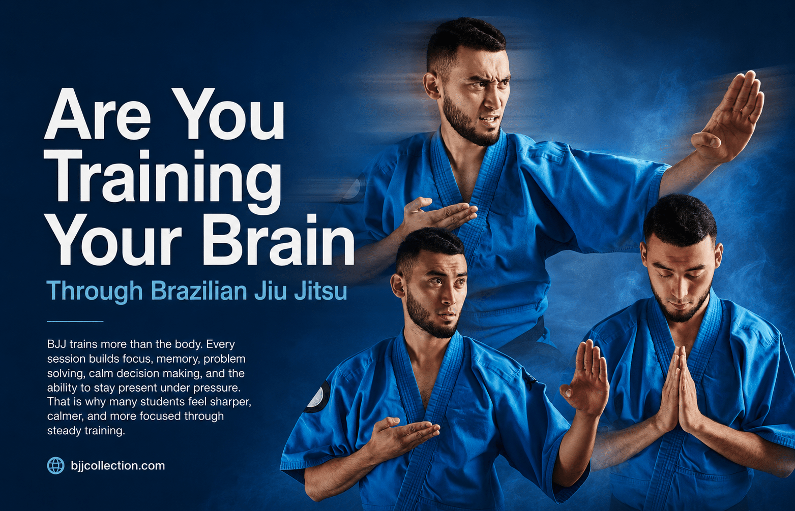 Male Brazilian Jiu Jitsu athlete in blue gi showing focused poses to represent brain training through mat practice