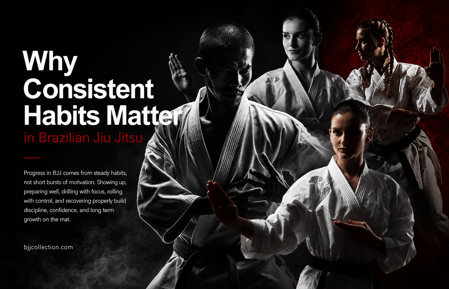 Martial artists in white gi showing how consistent habits build progress and discipline in Brazilian Jiu Jitsu