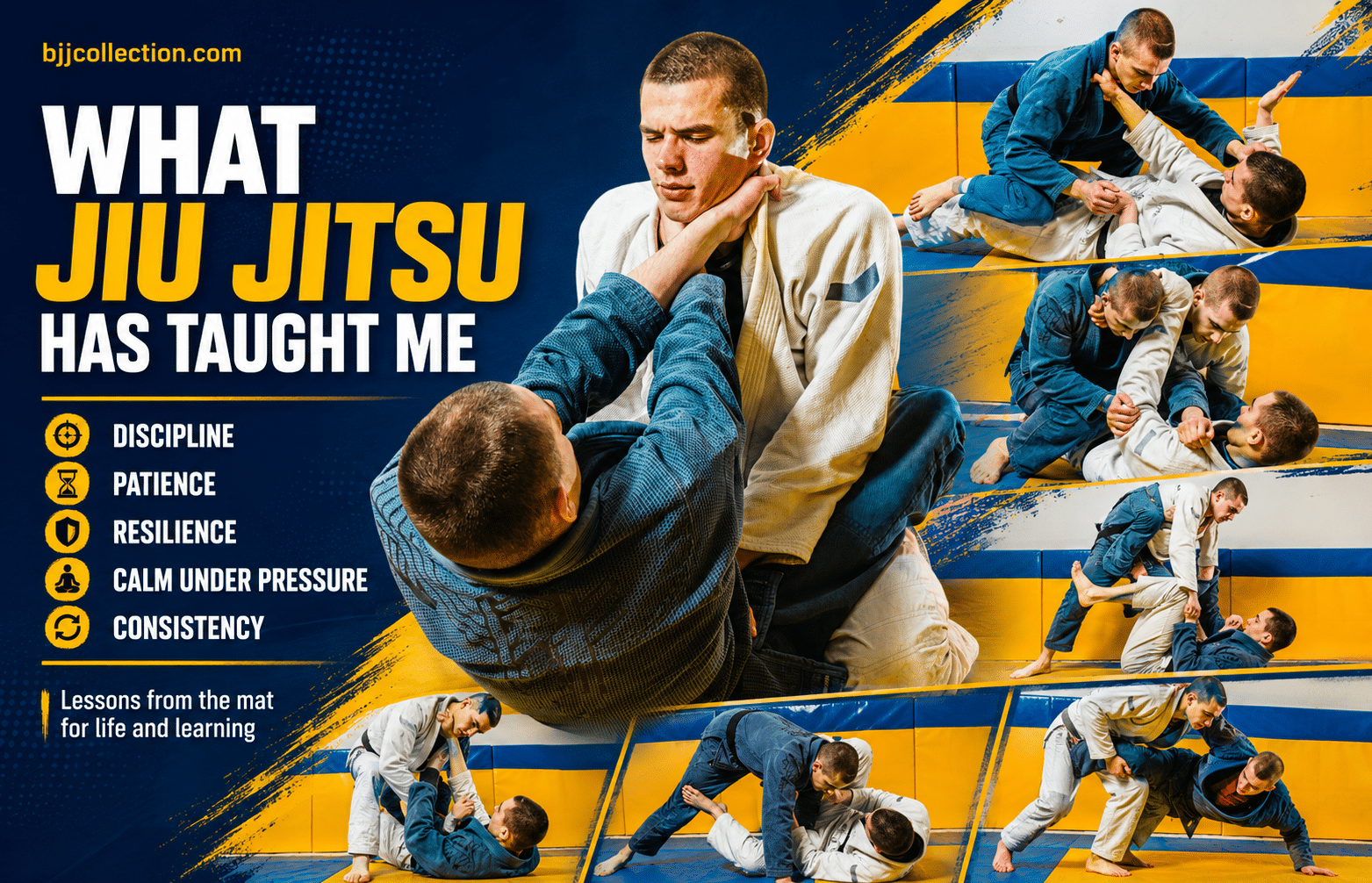 BJJ athletes training guard control with discipline patience and calm lessons from the mat