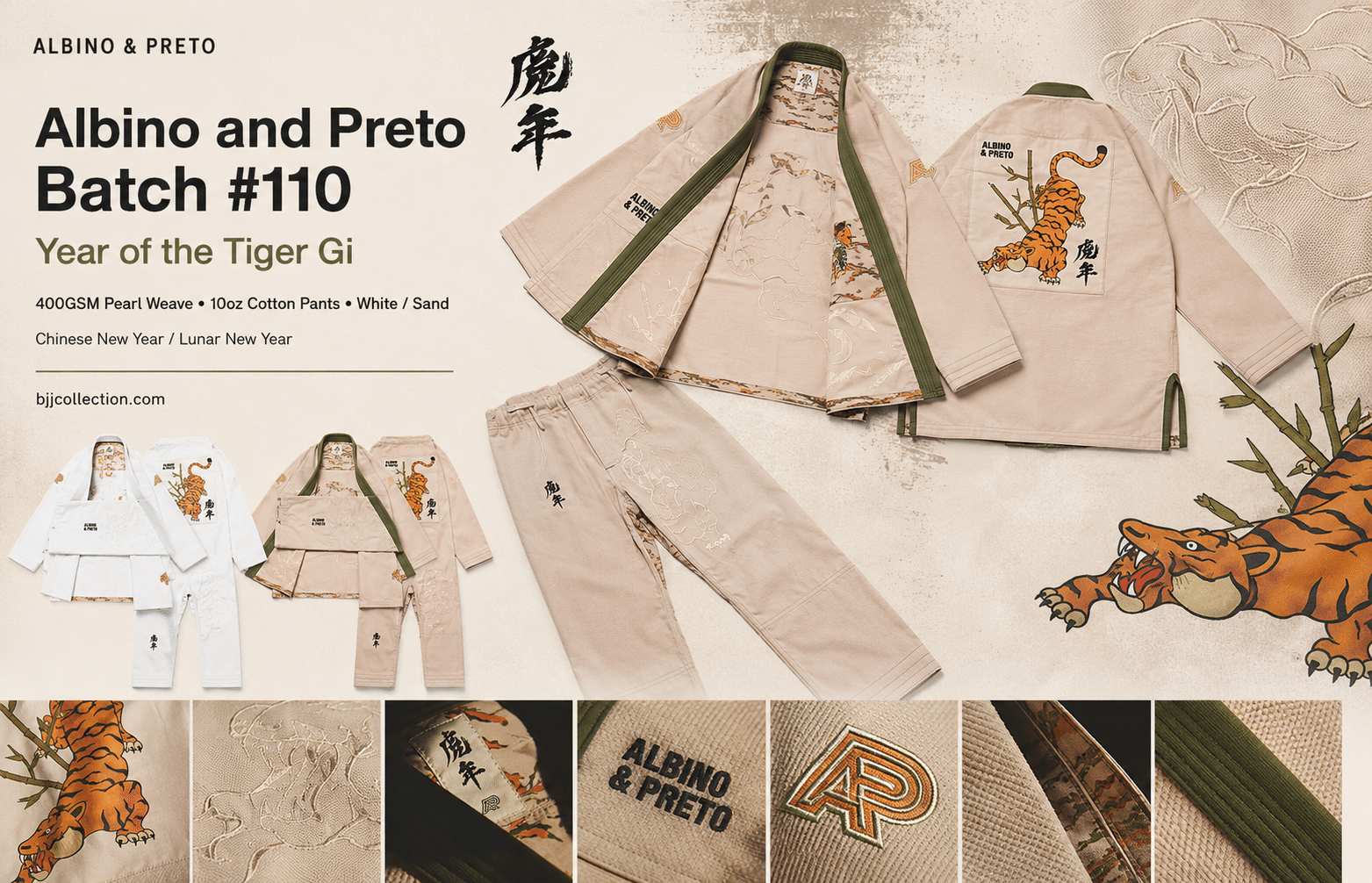 Albino and Preto Batch 110 Year of the Tiger gi tag page banner with white and sand gi details