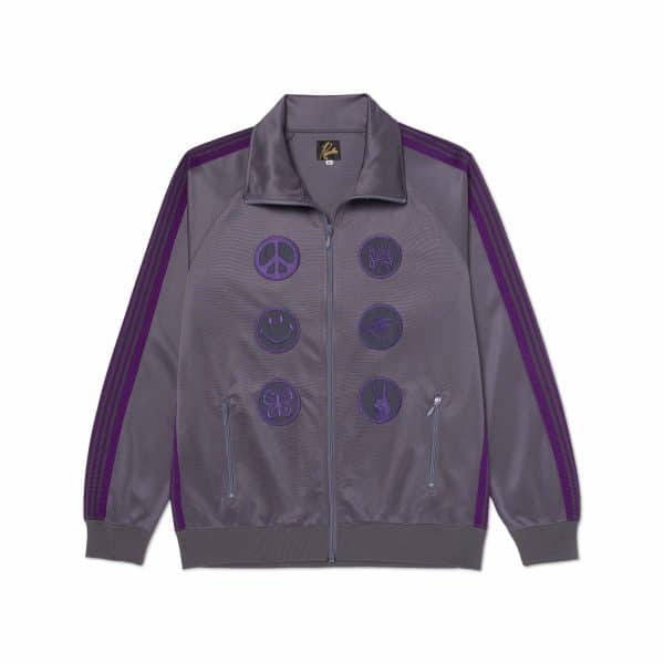 Albino and Preto x NEEDLES Track Jacket front view with plum patches and zip pockets