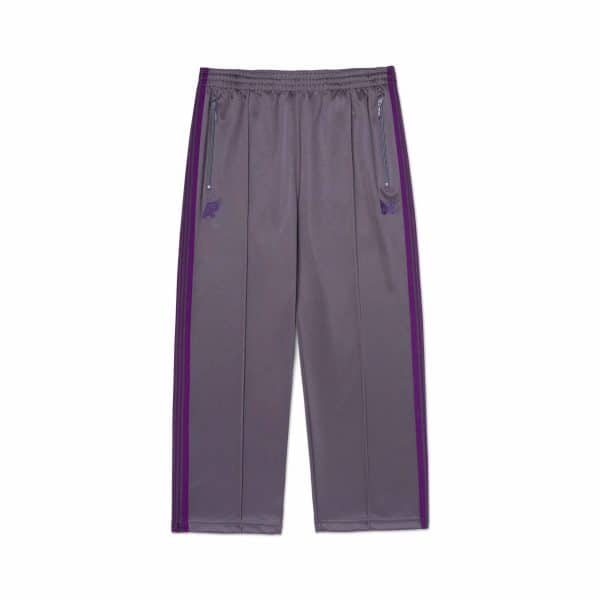 Albino and Preto x NEEDLES Track Pant front with plum side stripes and zip pockets