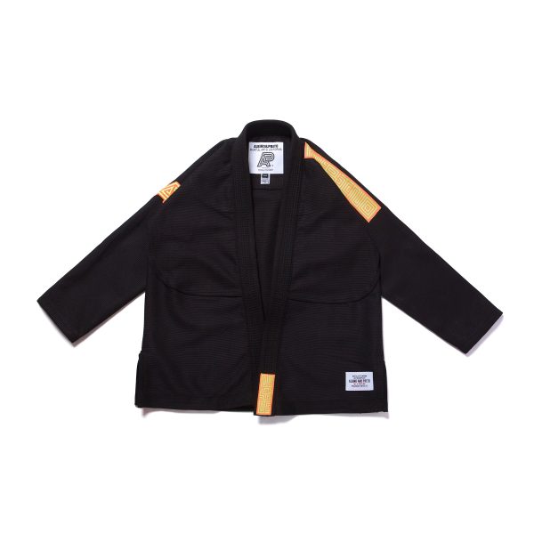 Albino and Preto Series 12 Brazil black gi jacket front with orange and green accents