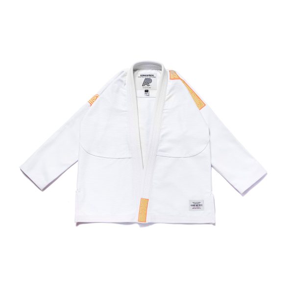 Albino and Preto Series 12 Brazil white gi jacket front with orange and green accents