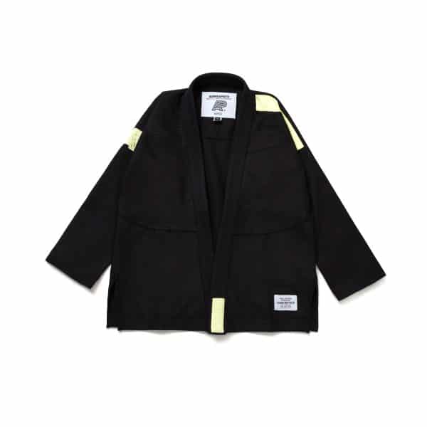 Albino and Preto Series 14 Brazil Black kimono jacket front with yellow accents