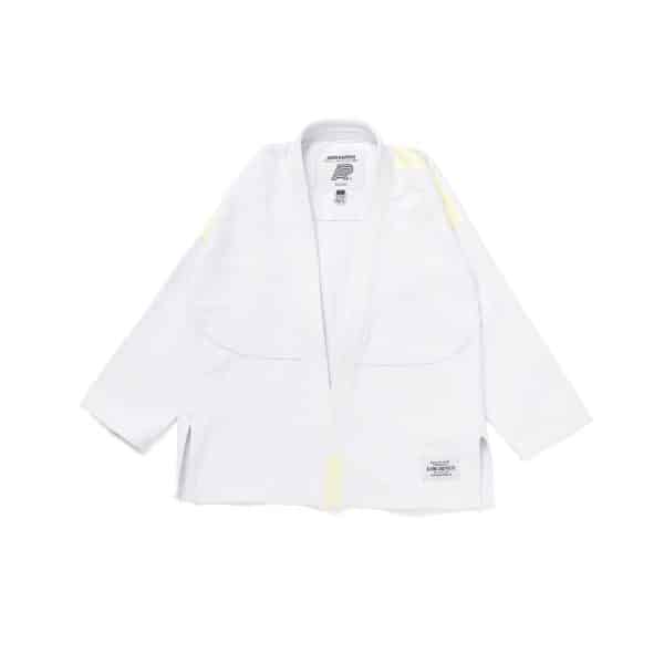 Albino and Preto Series 14 Brazil White kimono jacket front with yellow accents and lower label