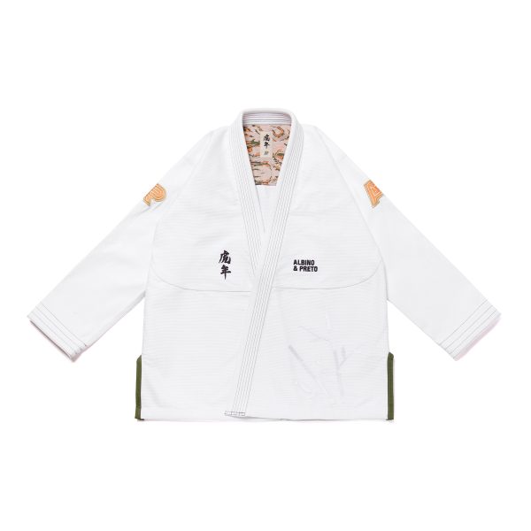 Albino and Preto gi front view in white with orange sleeve logos and tiger camo collar lining
