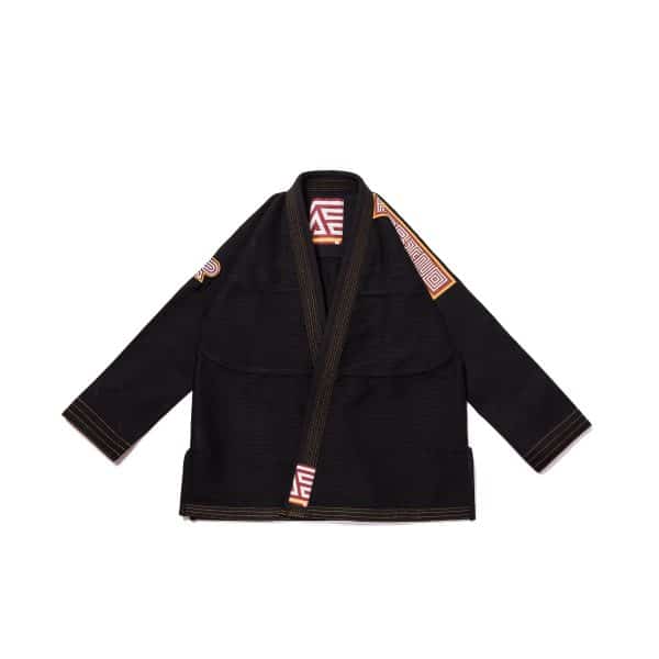 Albino and Preto B111 YBM black gi jacket front with shoulder maze patch and lapel label