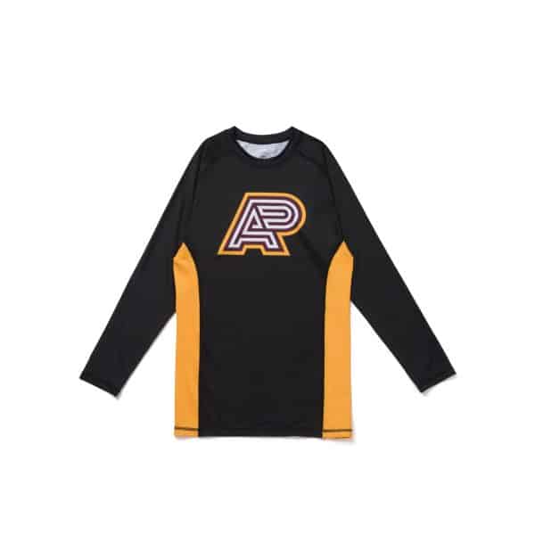 Albino and Preto B111 YBM black long sleeve rashguard front with AP chest logo and yellow side panels
