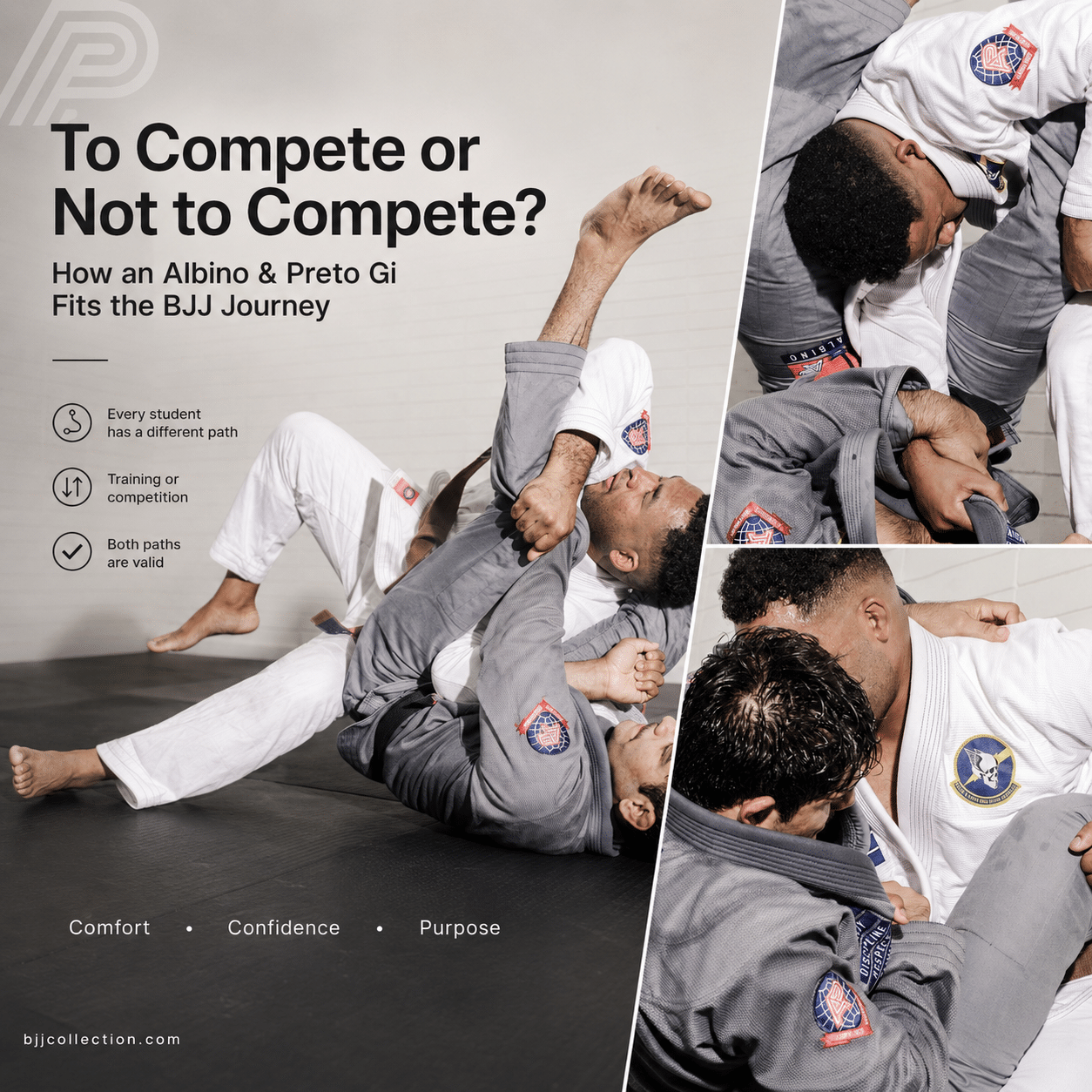 Albino & Preto gi collage showing BJJ training, sleeve patch, pants, and collar details for competition mindset