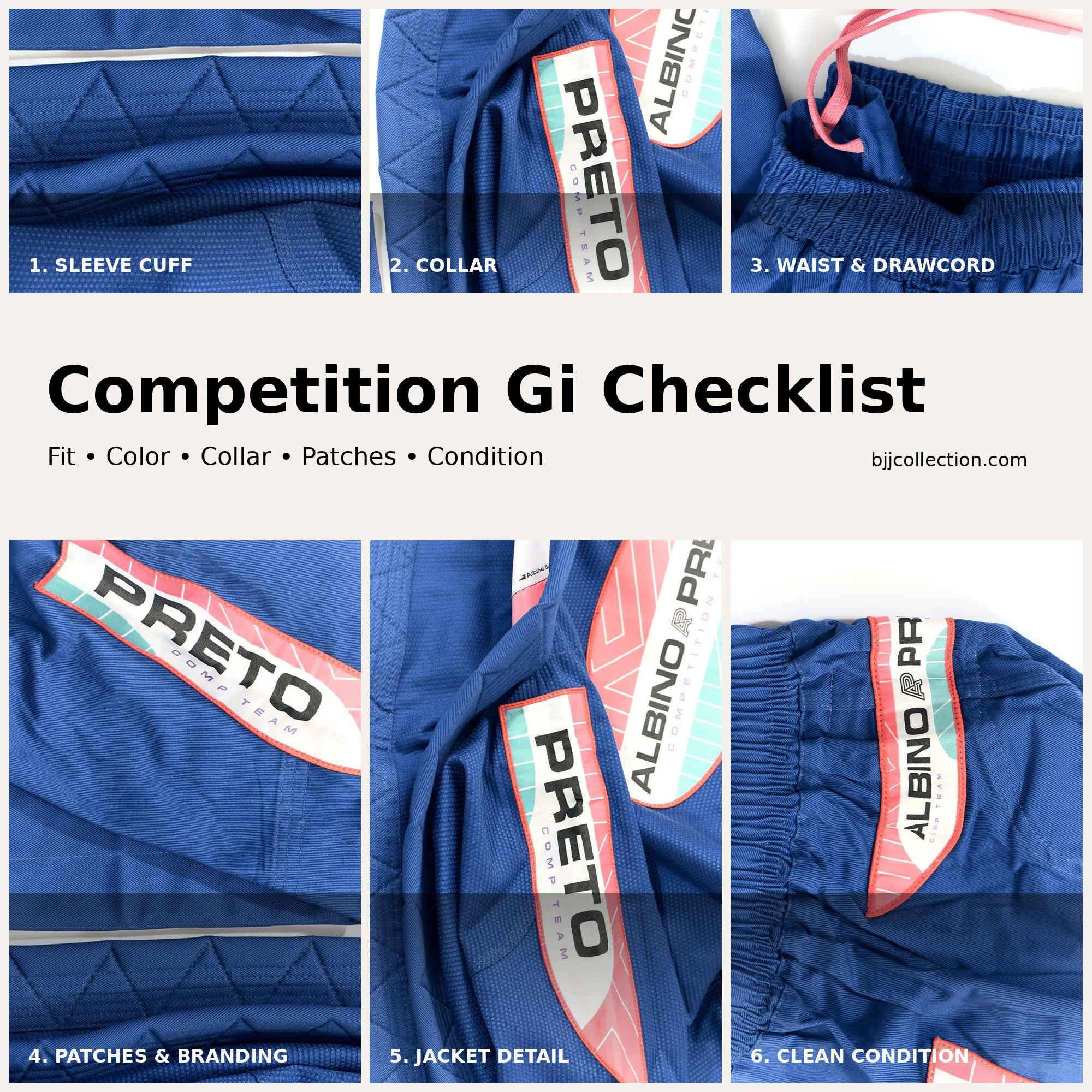 albino-preto-competition-gi-checklist-original-crops Albino & Preto competition gi checklist with blue sleeve cuff collar pants drawcord and branding patches
