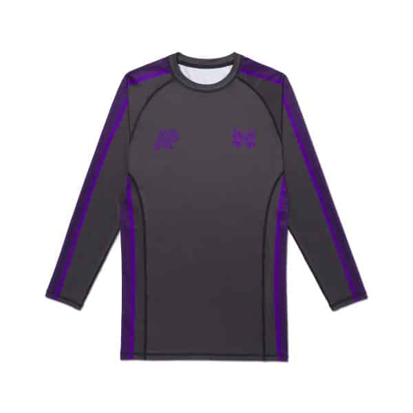 Albino and Preto x Needles long sleeve rashguard front with AP logo, butterfly mark, and purple stripes