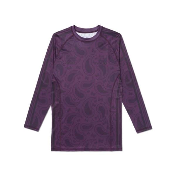 Albino and Preto x Needles Paisley LS Rashguard front with plum print, AP marks, and sleeve stripes