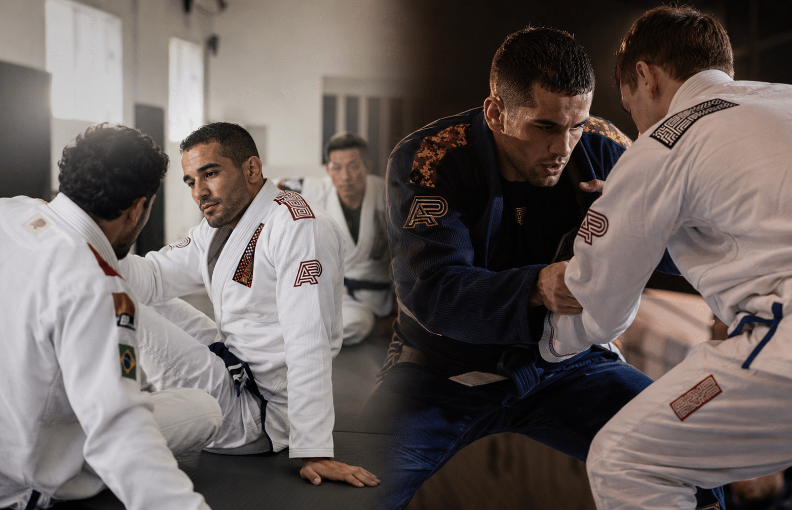 albino-preto-training-vs-tournament-preparation-bjj Split BJJ image showing calm academy training on one side and tournament preparation on the other in Albino and Preto gis